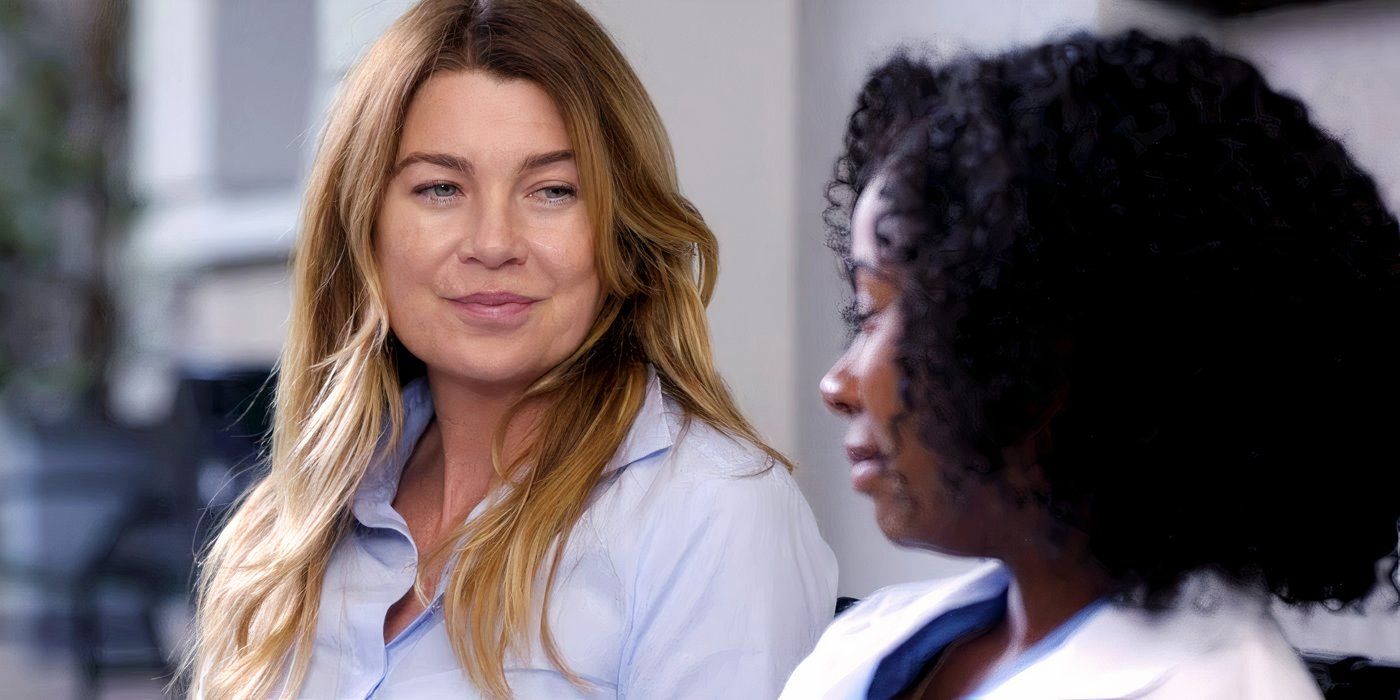 Meredith Grey (Ellen Pompeo) smiles at Simone Griffin (Alexis Floyd) while outside the hospital in Grey's Anatomy season 19