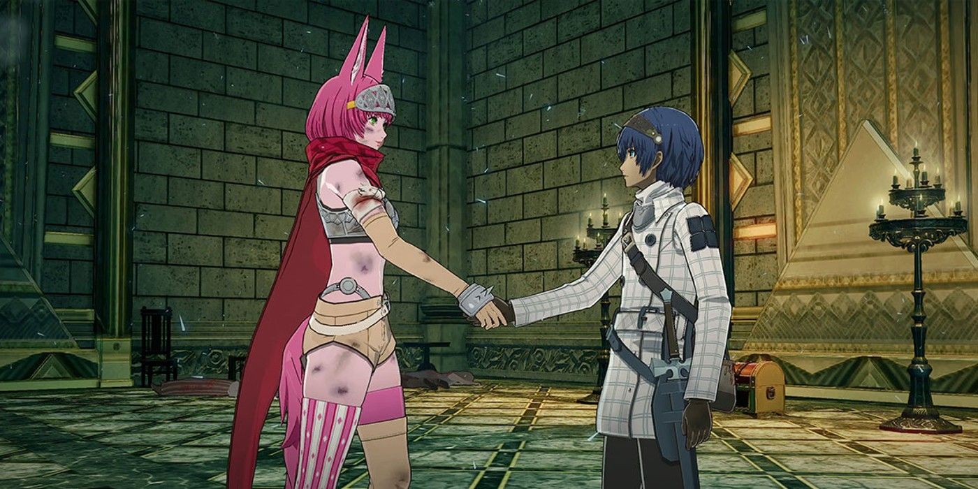 The protagonist of Metaphor: ReFantazio shaking hands with a pink-haired woman with animal ears.