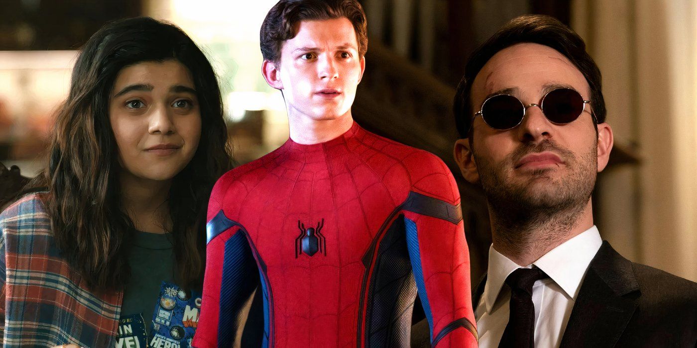 Split image of Iman Vellani as Kamala Khan, Tom Holland as Peter Parker in his Spider-Man suit, and Charlie Cox as Matt Murdock