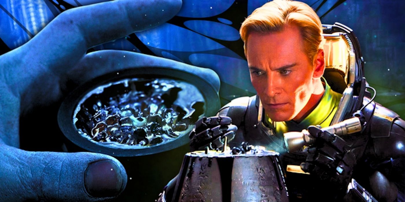 David de Michael Fassbender olha dentro de um ovo em Prometheus