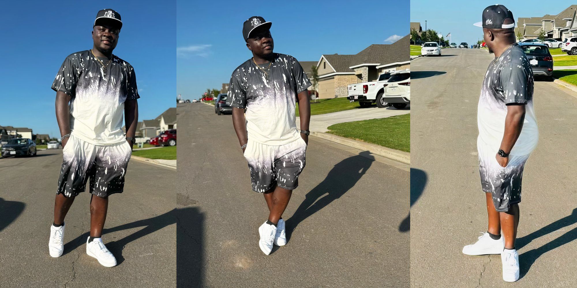 Michael Ilesanmi in 90 Day Fiance in grey and white co-ord outfit posing outside