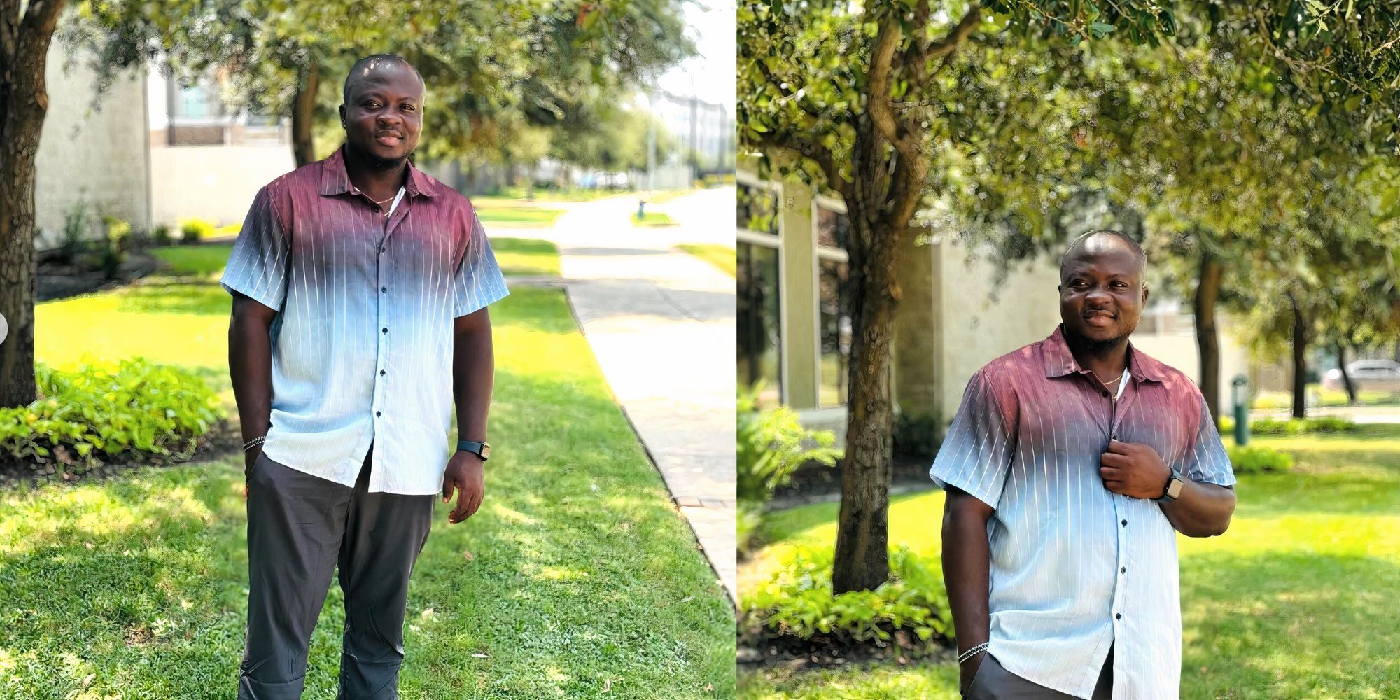 Michael Ilesanmi in 90 Day Fiance posing outdoors in ombre dyed shirt and black pants