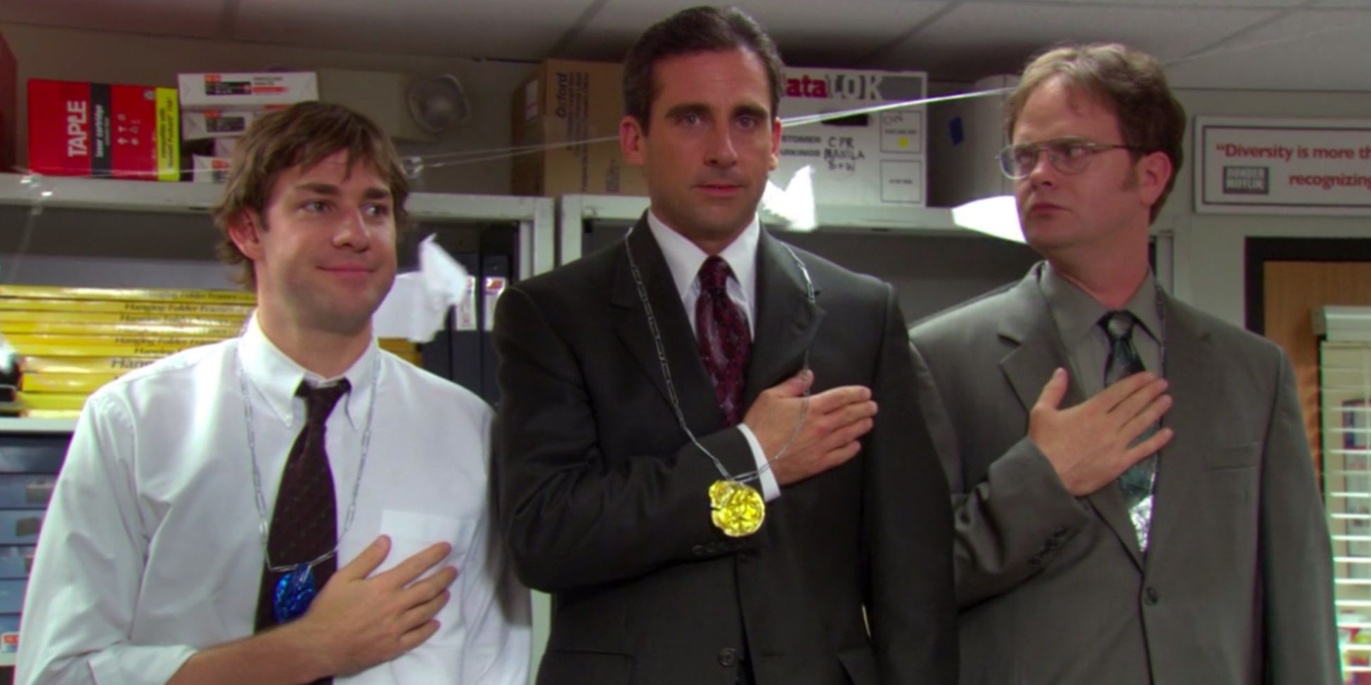 Michael, Jim, and Dwight with their medals in The Office