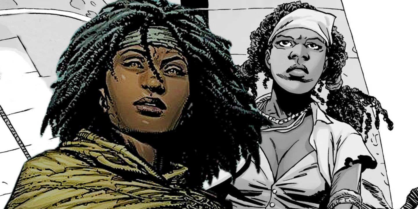 A collage of Michonne from the The Walking Dead comic