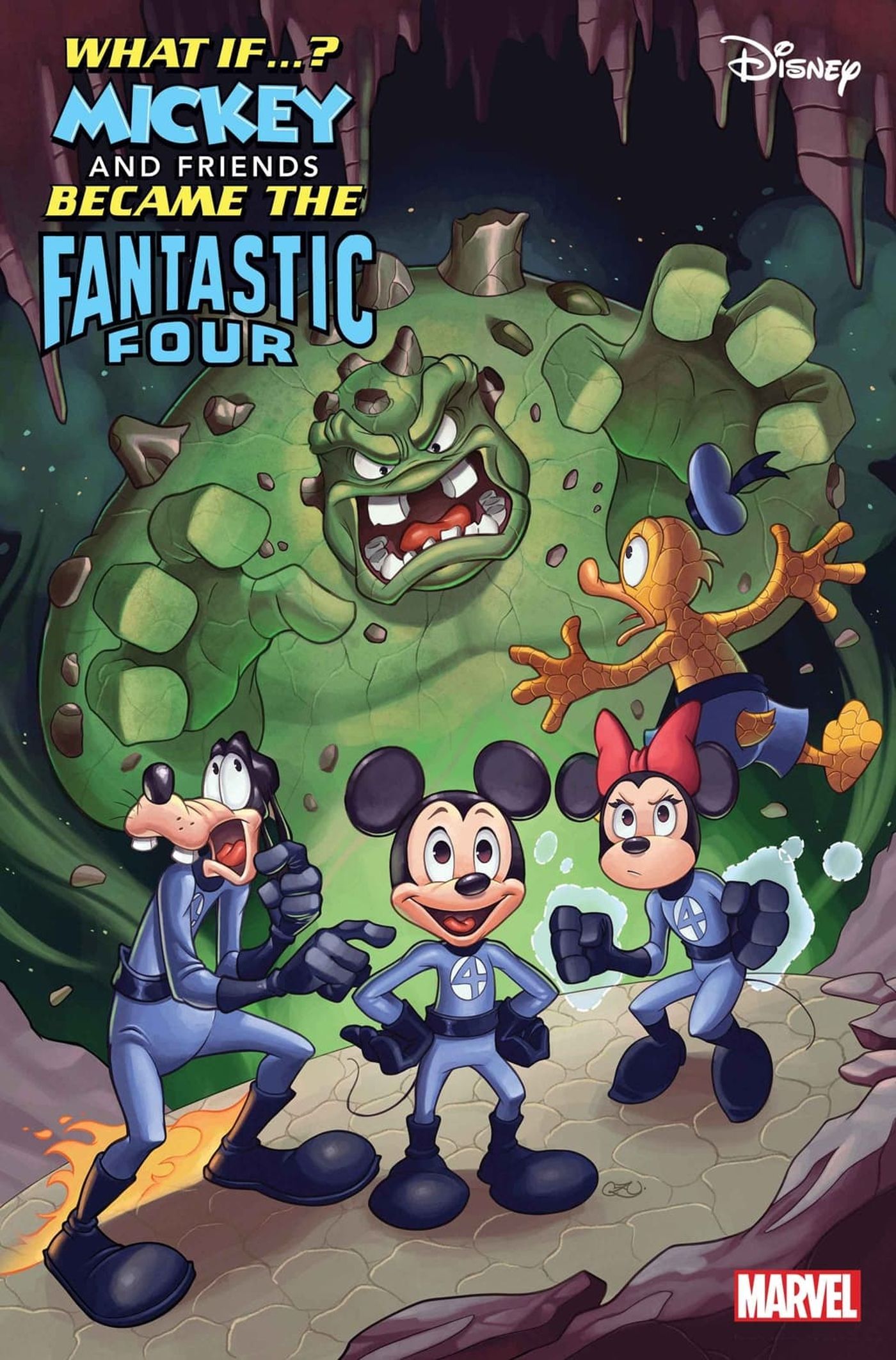 Portada del cómic: Mickey Mouse, Goofy, Minnie y el Pato Donald disfrazados de Animales Fantásticos aparecen frente al Monstruo Verde.