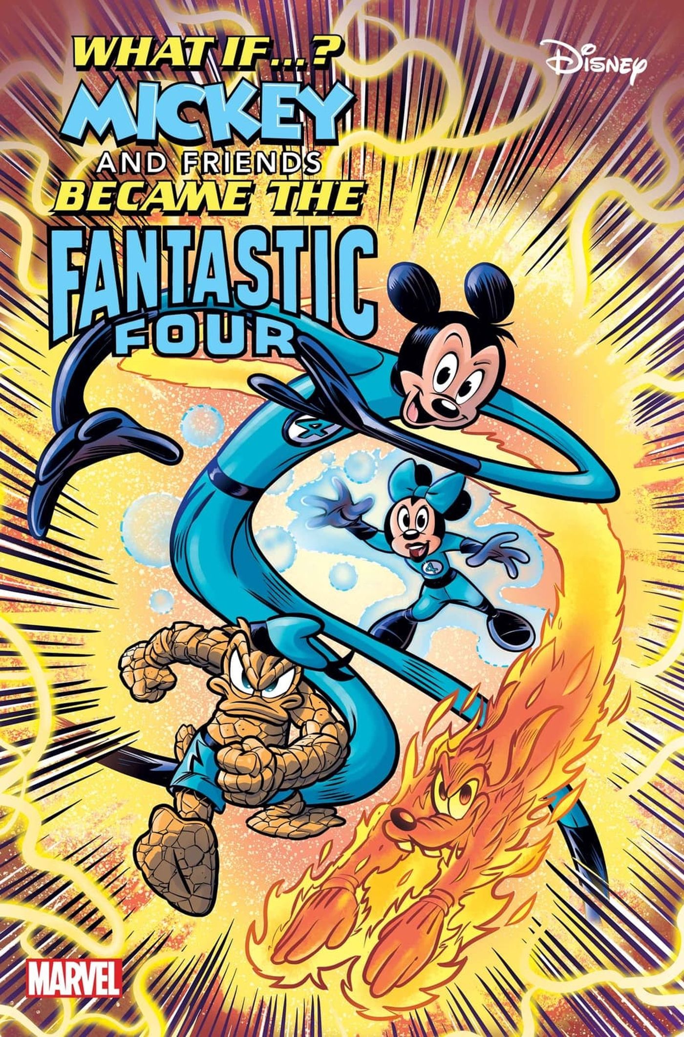 What If...? Mickey and Friends Became The Fantastic Four #1 Cover Art Featuring Mickey as Mr. Fantastic, Minnie as the Invisible Woman, Goofy as the Human Torch and Donald Duck as the Thing