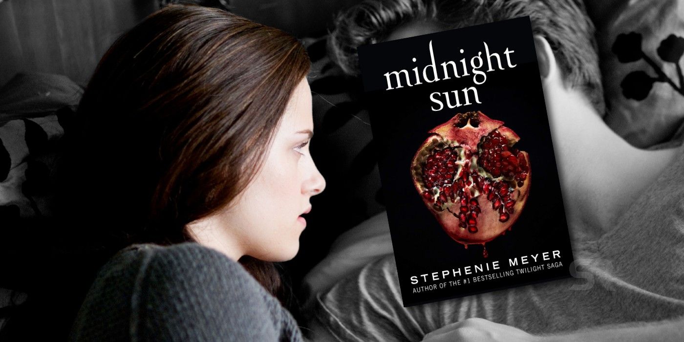 Bella de Twilight ao lado de Edward com a capa do livro Midnight Sun no rosto