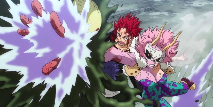 Mina saving Kirishima from the Sludge Villain by using her acid. 