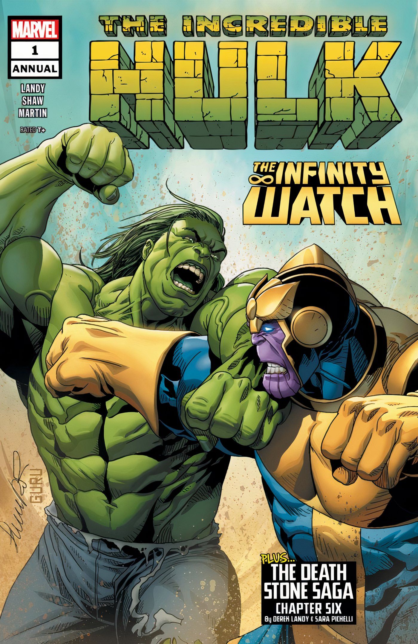 Incredible Hulk Annual #1 cover featuring the Hulk fighting Thanos.