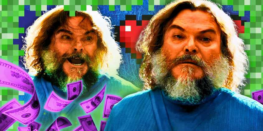 Jack Black as Steve in A Minecraft Movie (2025) atop a Minecraft-themed background with dollar bills falling