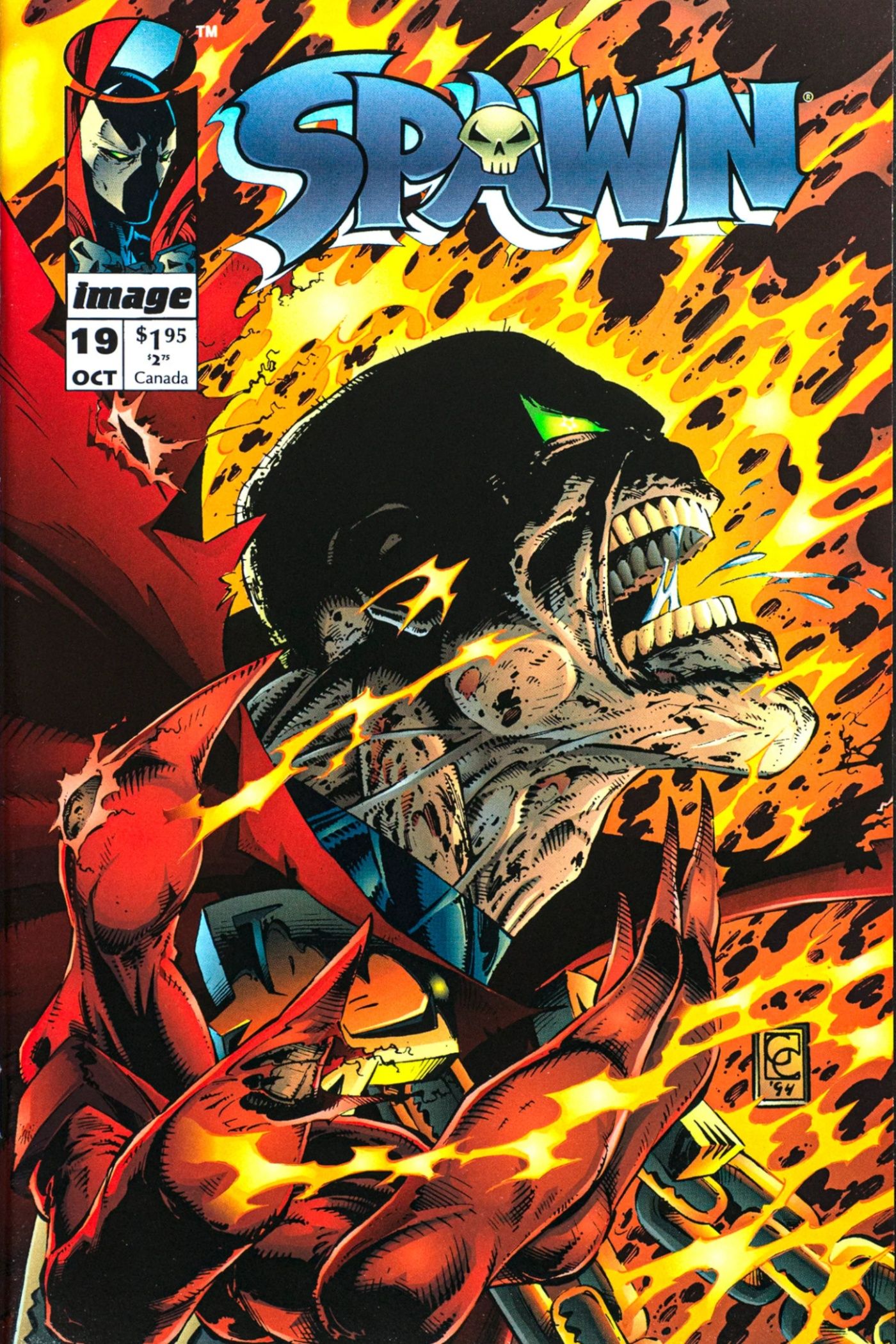 La portada de Spawn #19 grita un demonio con apariencia de Al Simmons rodeado de fuego.