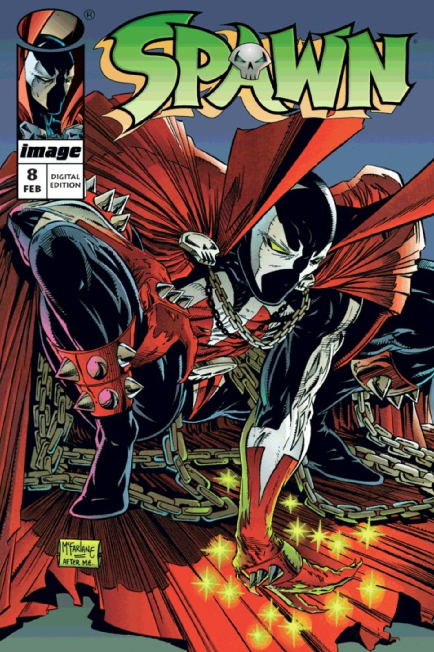 Portada de Spawn #8, Spawn agachado, chispas verdes rodeando su mano mientras toca el suelo.