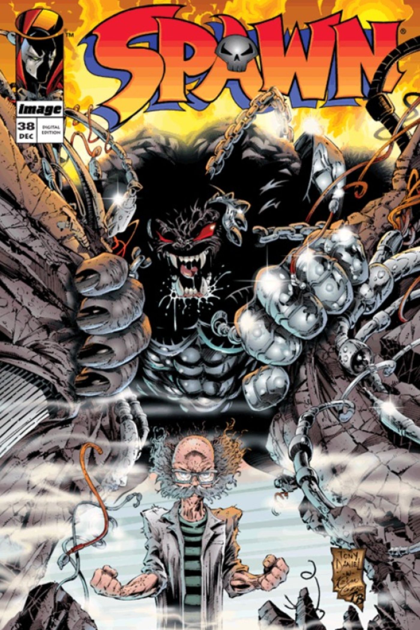 Spawn #38, a monster knocks down the wall behind the scientist.