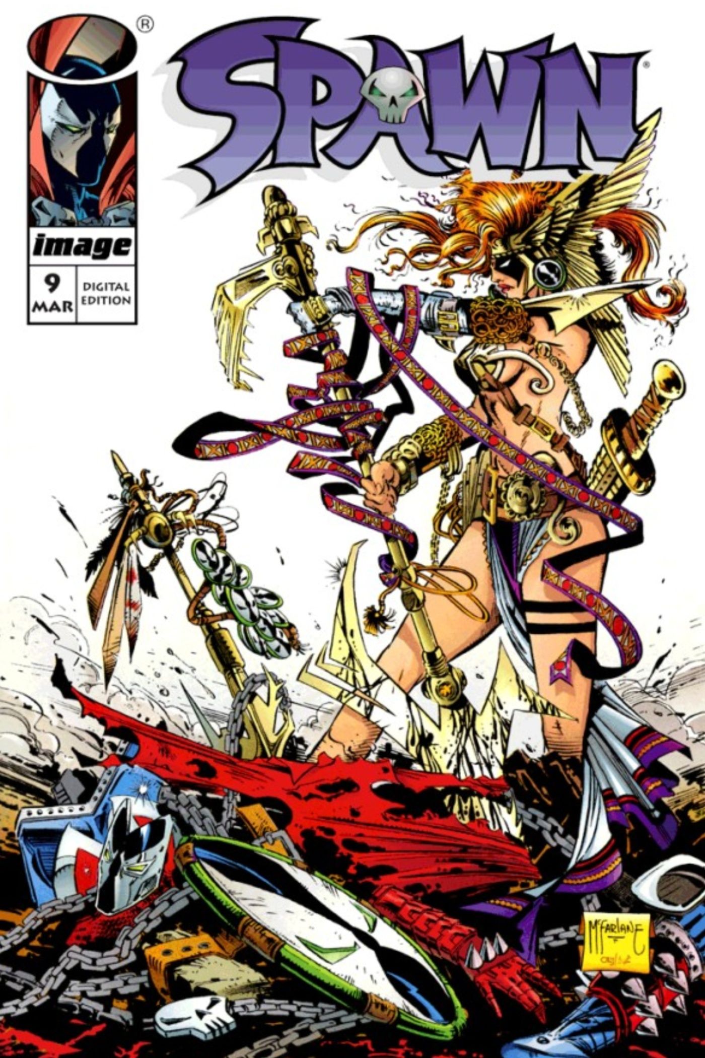 Spawn #9, Angela stands on the defeated Medieval Spawn