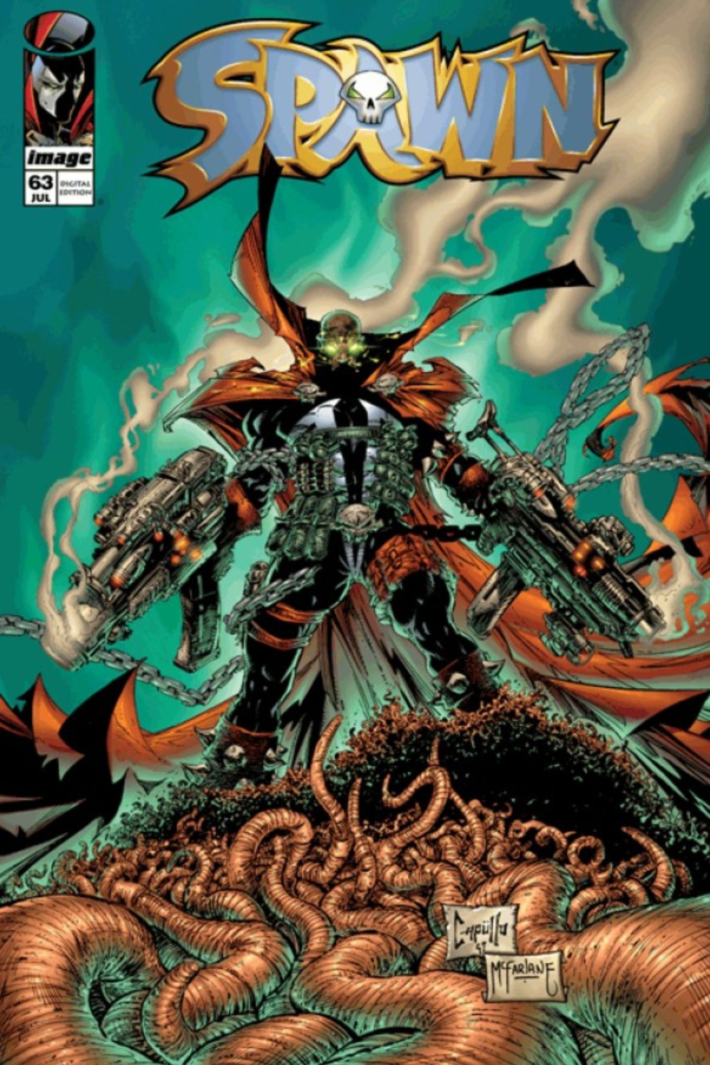 Cover of Spawn #63, Spawn holding a smoking gun over the remains of the Monster.