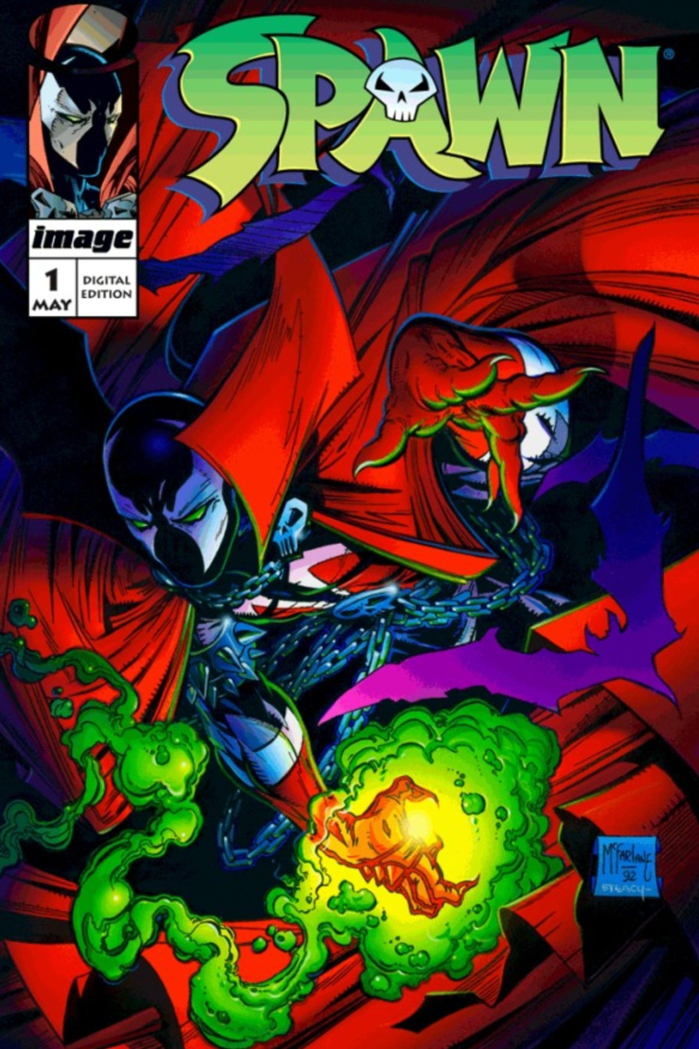 Portada de Spawn #1, Spawn con su clásica capa roja y cadenas empuñando energía ectoplasmática verde.