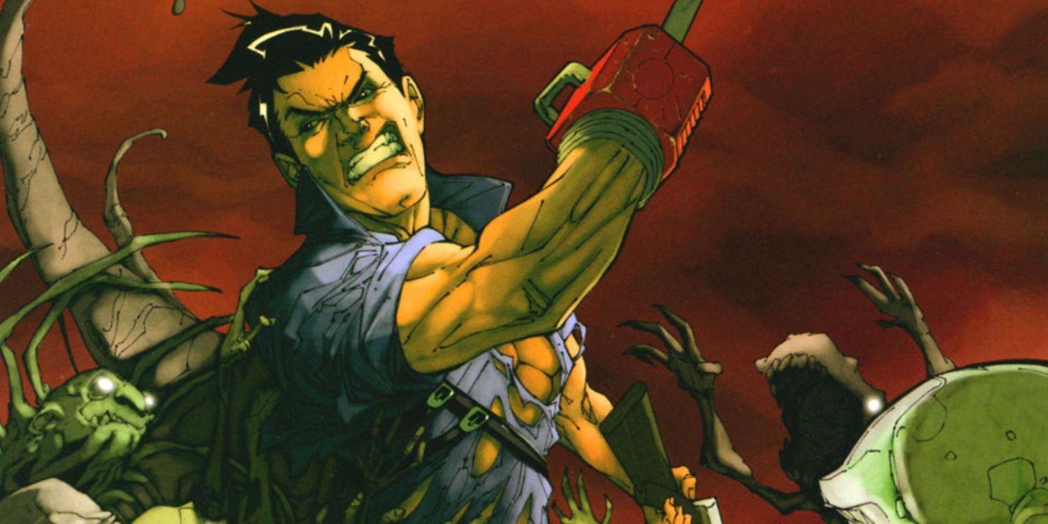 Army of Darkness, Ash wielding his chainsaw hand against creepy-looking enemies.