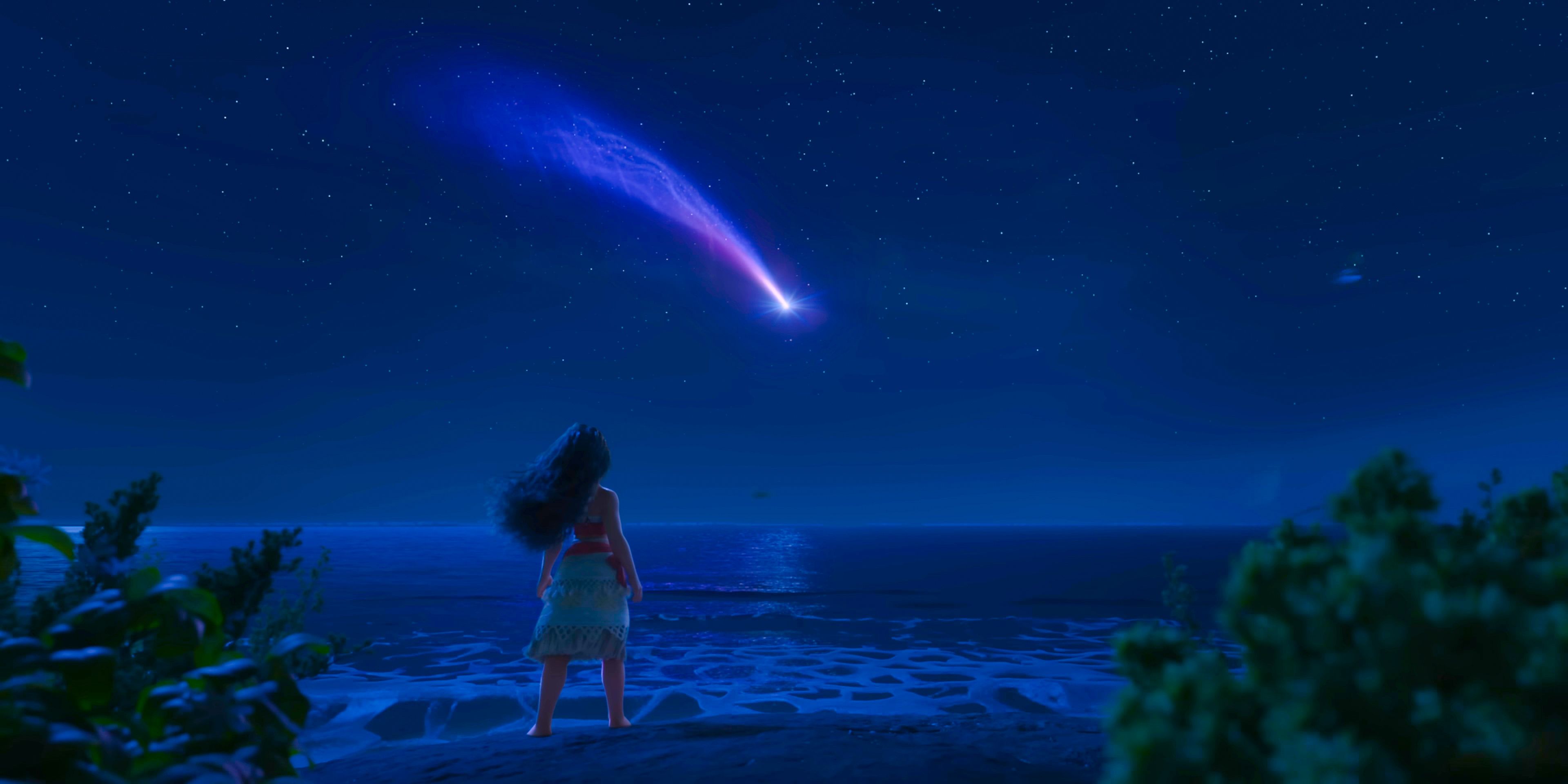 Moana observa un cometa en el horizonte en Moana 2