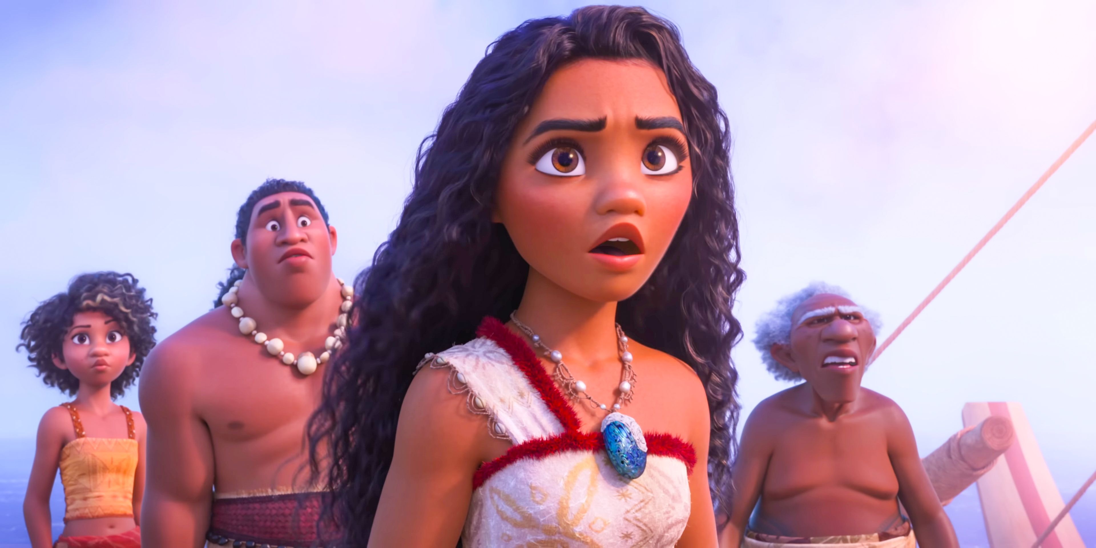 Loto, Moni, Moana and Kele look shocked at something in Moana 2