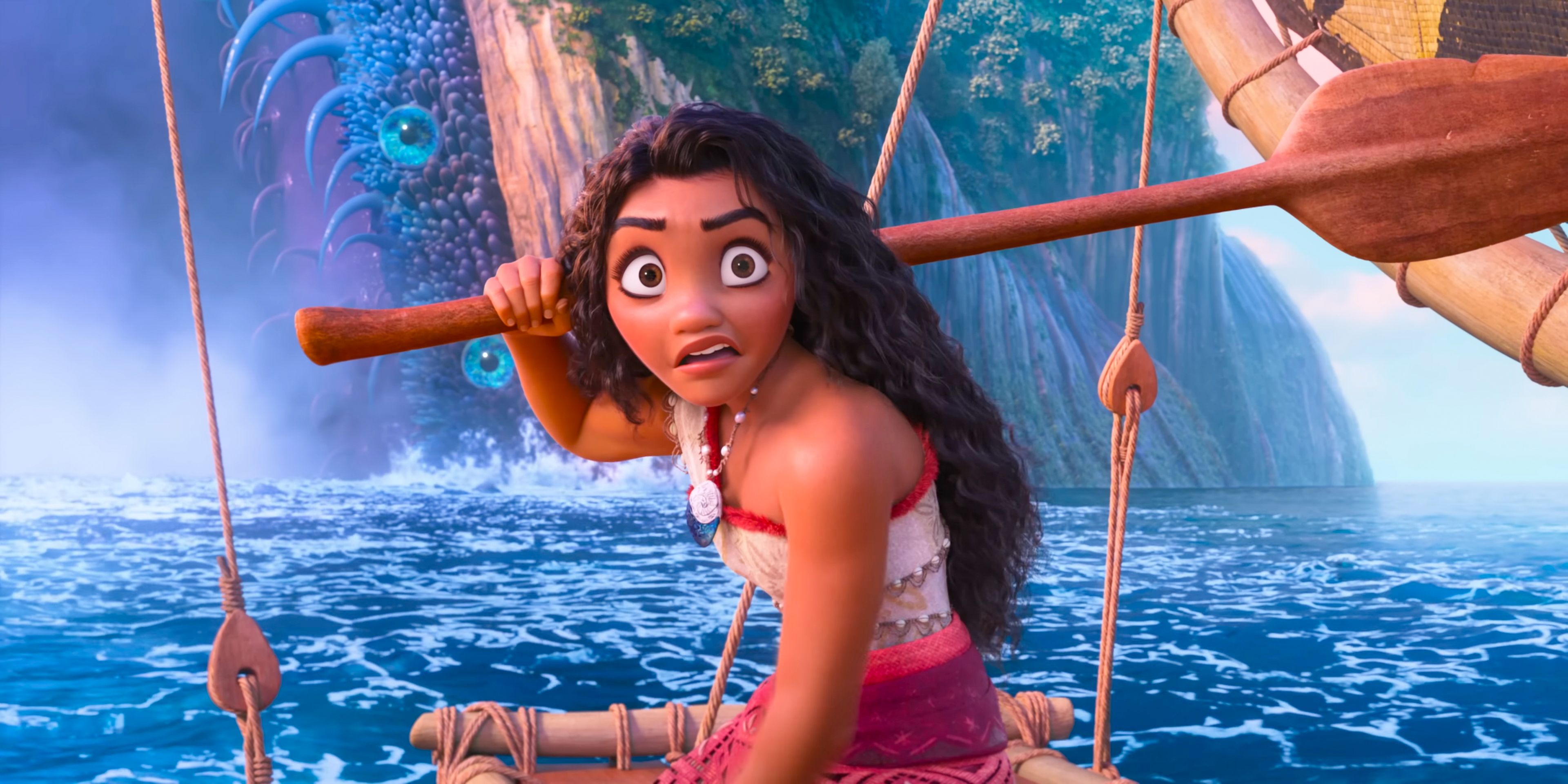 Moana startled, holding a paddle, ready to fight in Moana 2