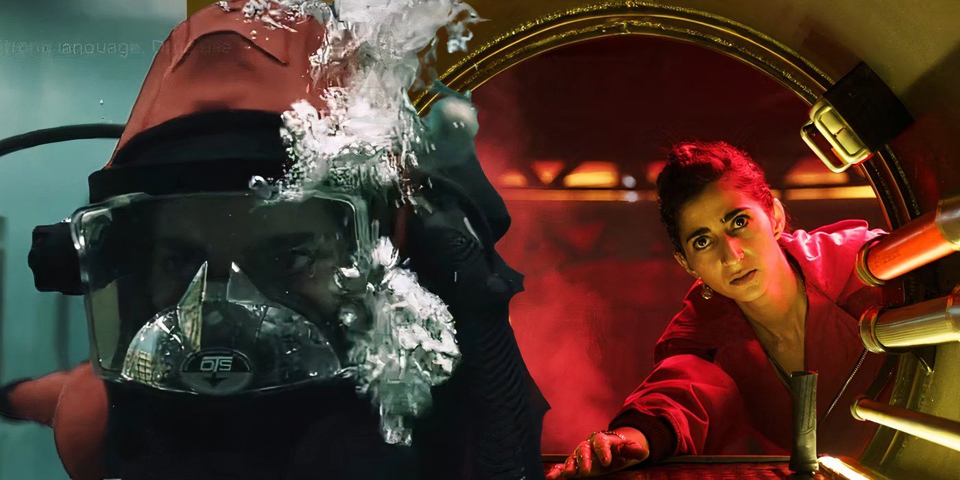 Collage of a diver underwater and Nairobi looking into a vault in Money Heist
