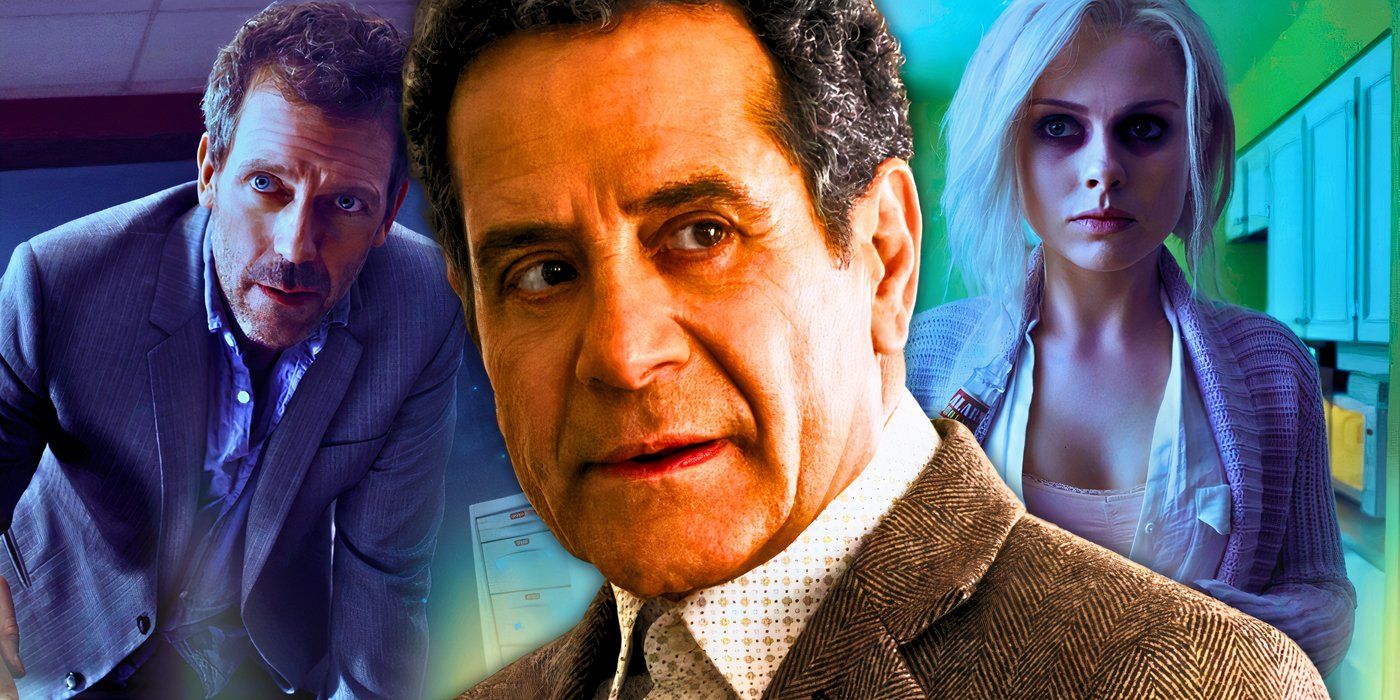 Tony Shalhoub as Adrian Monk in Monk, Rose McIver as Liv Moore in iZombie, and Hugh Laurie as Gregory House in House.