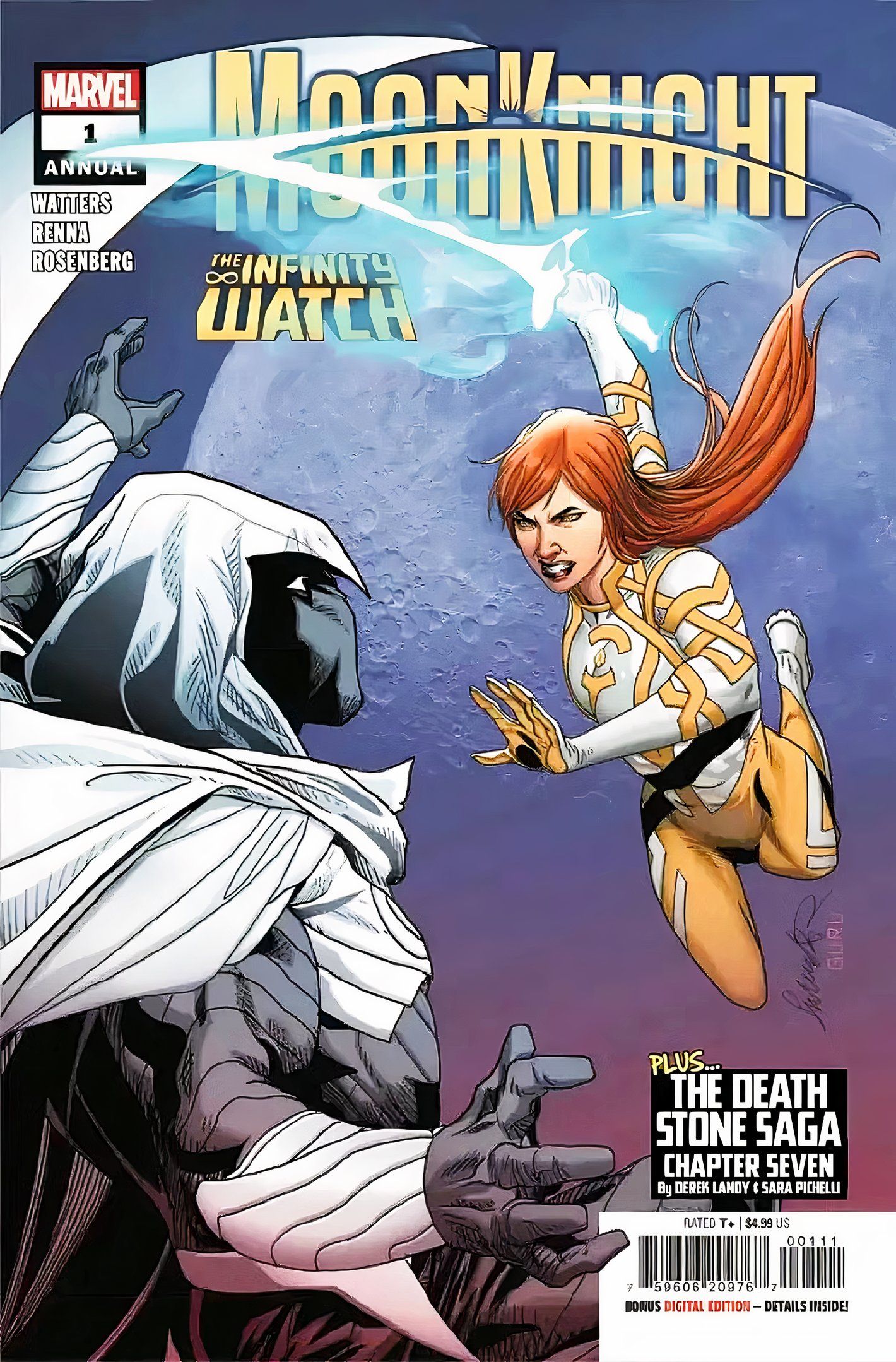 Capa do Moon Knight Annual # 1, Colleen Wing saltando sobre Moon Knight com uma espada