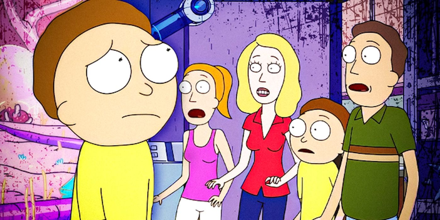 Morty looking sad beside the Smith family from Rick and Morty