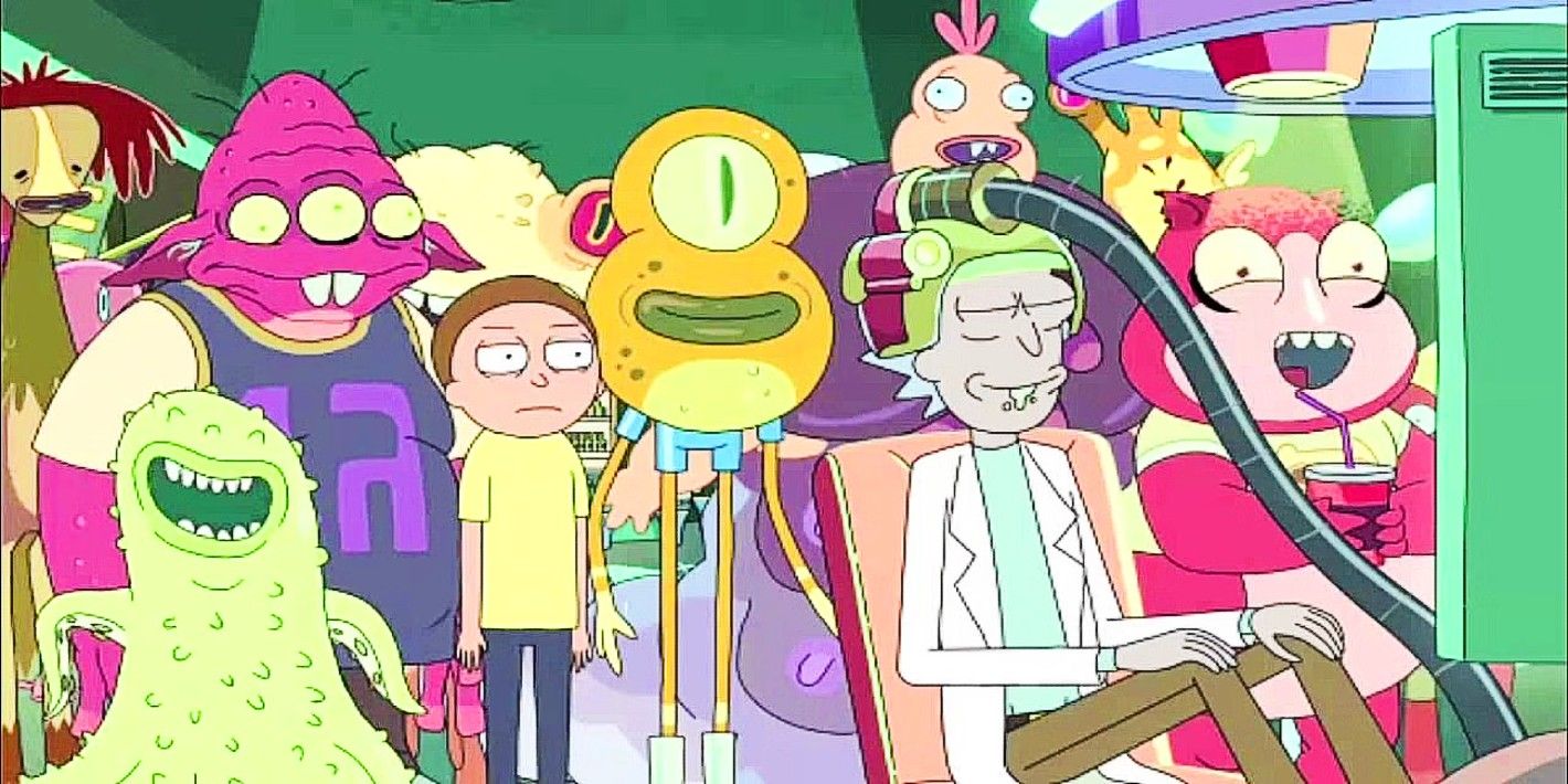 Morty scowling, surrounded by aliens, as Rick plays a virtual reality game at Blips and Chitz