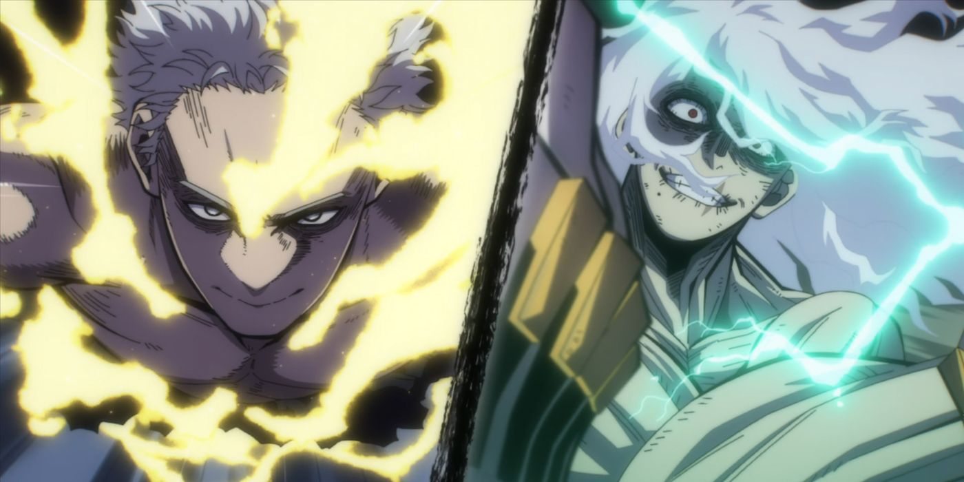 A split screen of All for One and Shigaraki.