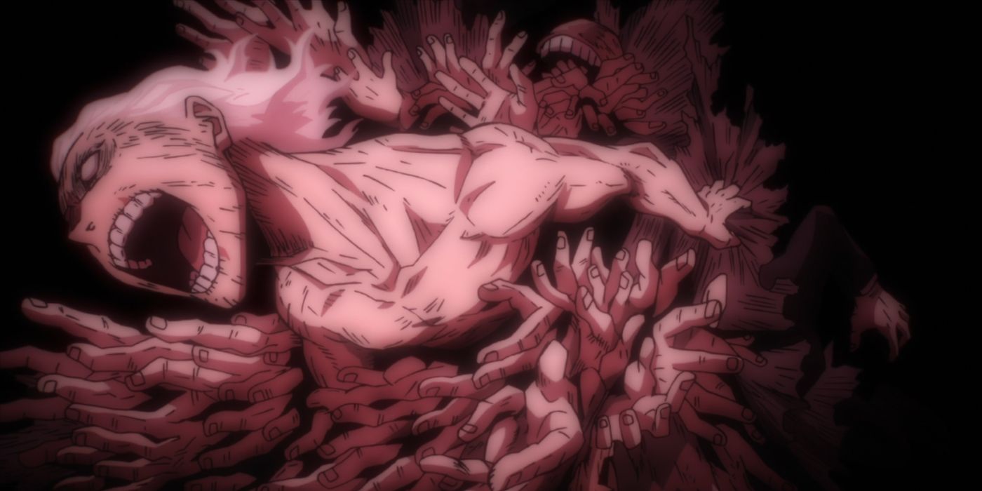 Shigaraki emerges alongside countless hands and fingers from All for One&rsquo;s mouth, symbolizing his reassertion of control of his body.