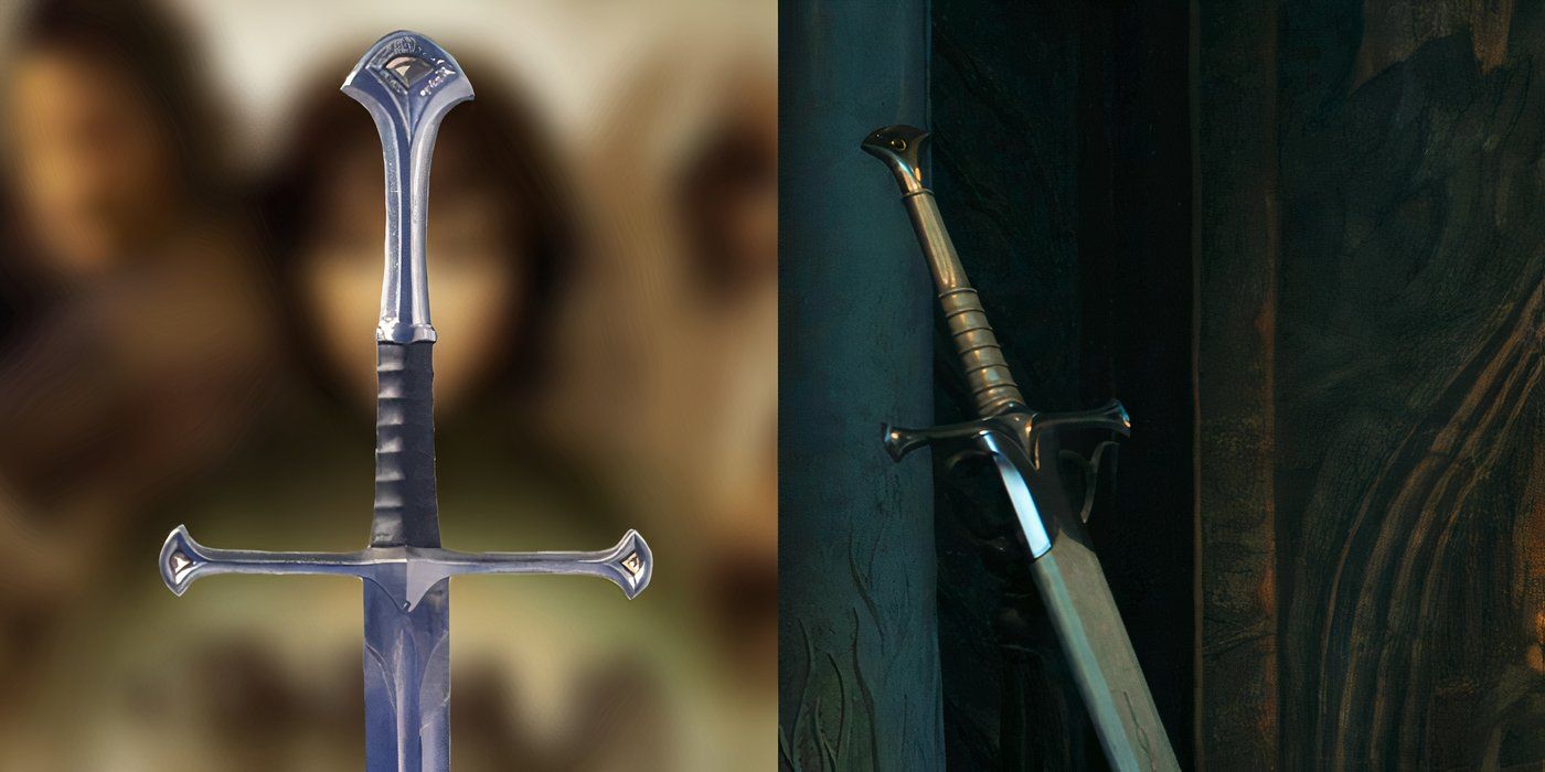 The hilt of Narsil above a blurred poster of The Lord of the Rings: The Fellowship of the Ring (2001) next to a sword that looks like Narsil in Rings of Power season 1 (2022)