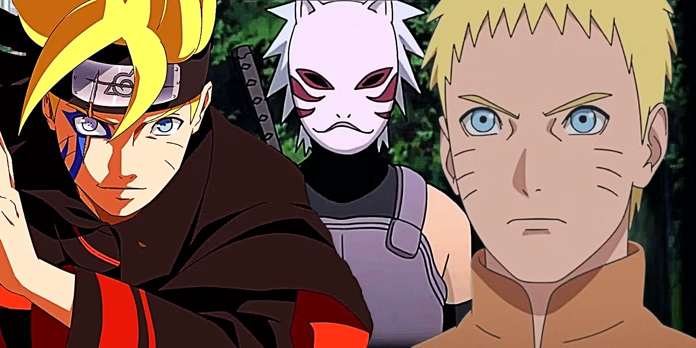 A collage of Buruto, Naruto and an Anbu member