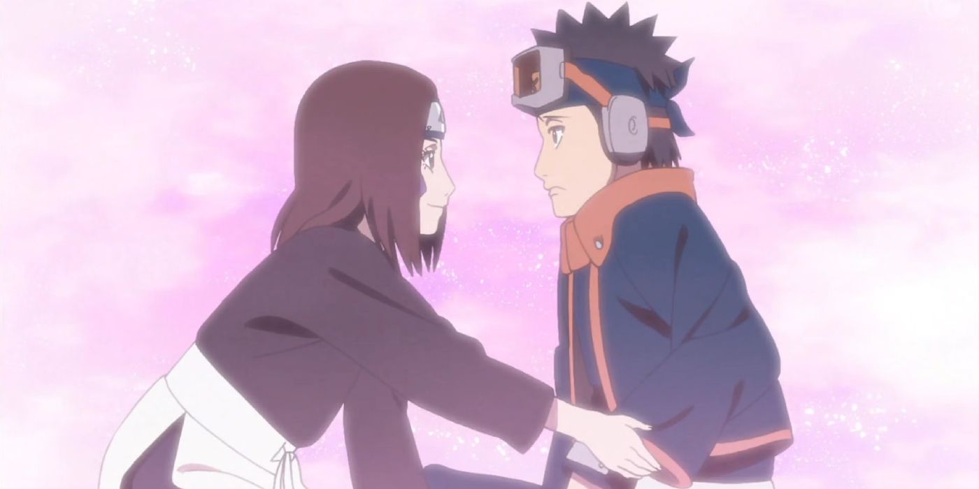 Obito e Rin de Naruto se encontram em um vazio rosa, com Obito triste, mas Rin sorrindo enquanto tenta confortá-lo.