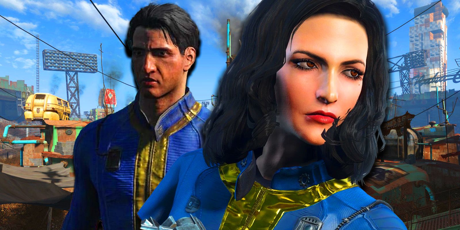 Fallout 4 protagonists Nate and Nora in Diamond City.