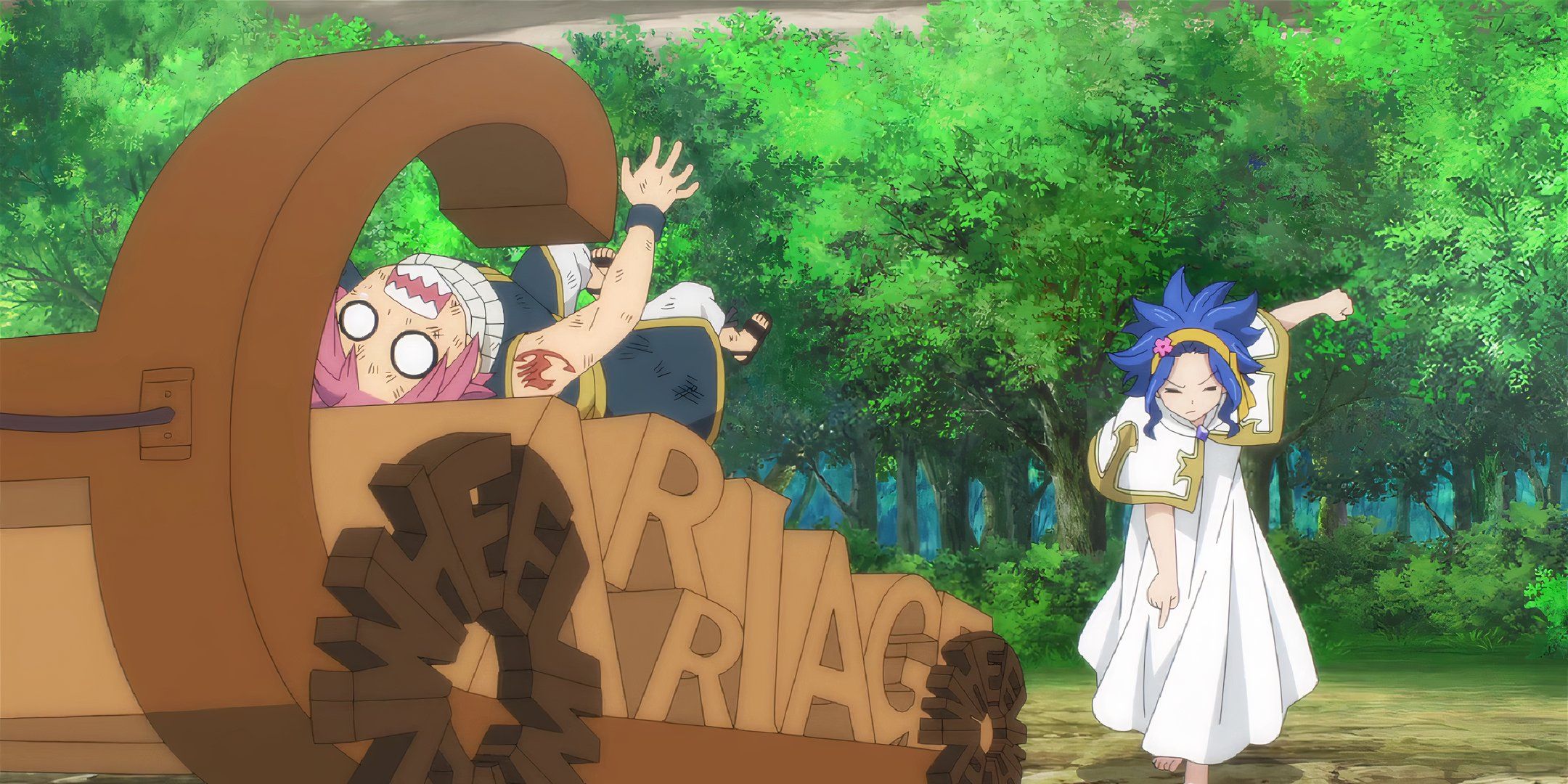 Natsu sur un chariot de script solide réalisé par Levy dans Fairy Tail 100 Years Quest