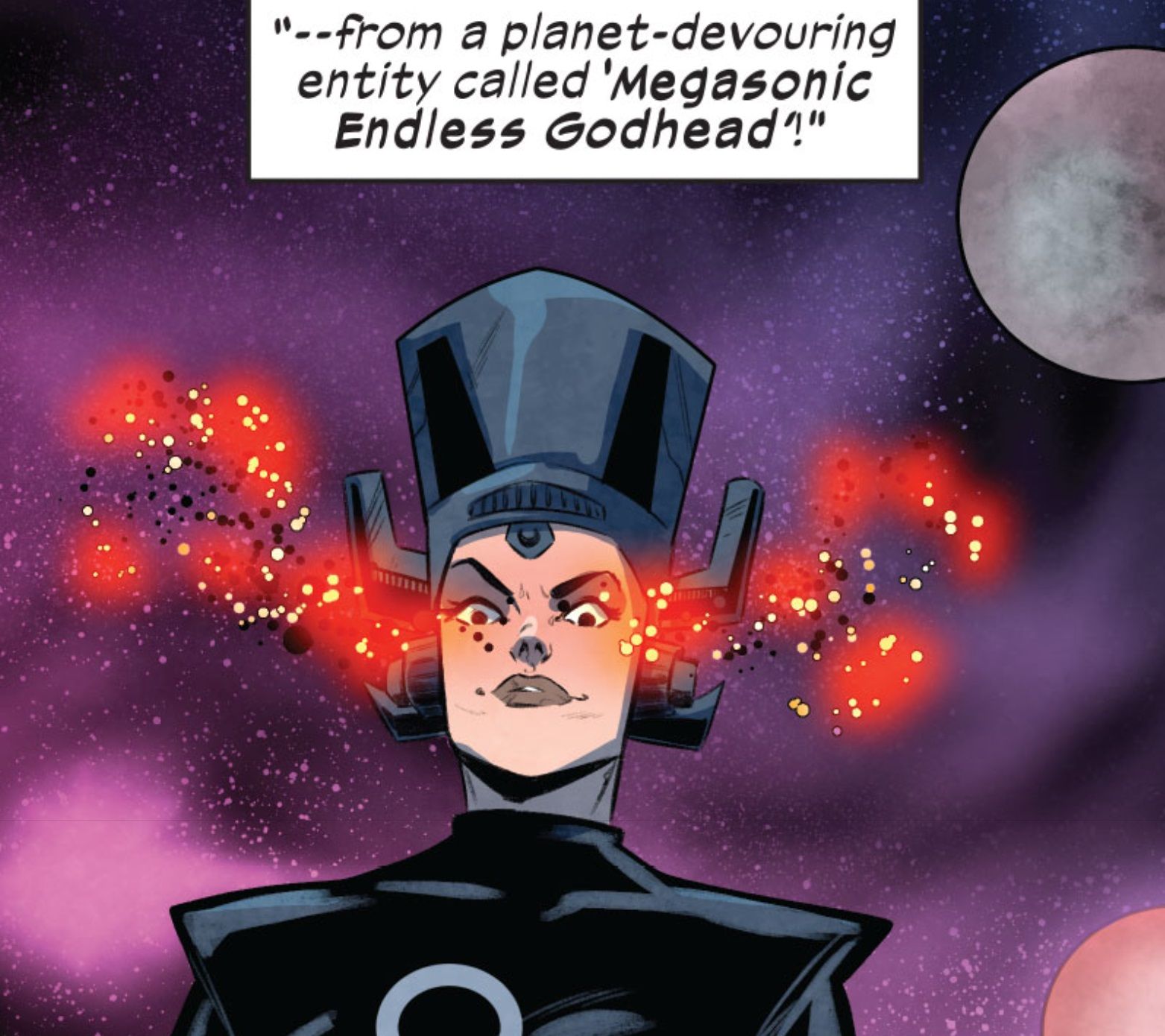 Painel de quadrinhos: Negasonic Teenage Warhead aparece como uma versão de Galactus no espaço.