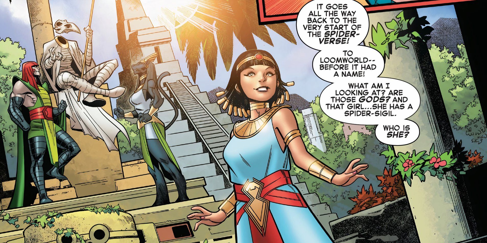 Neith, the Goddess of Spiders, spends her time with other Marvel gods.