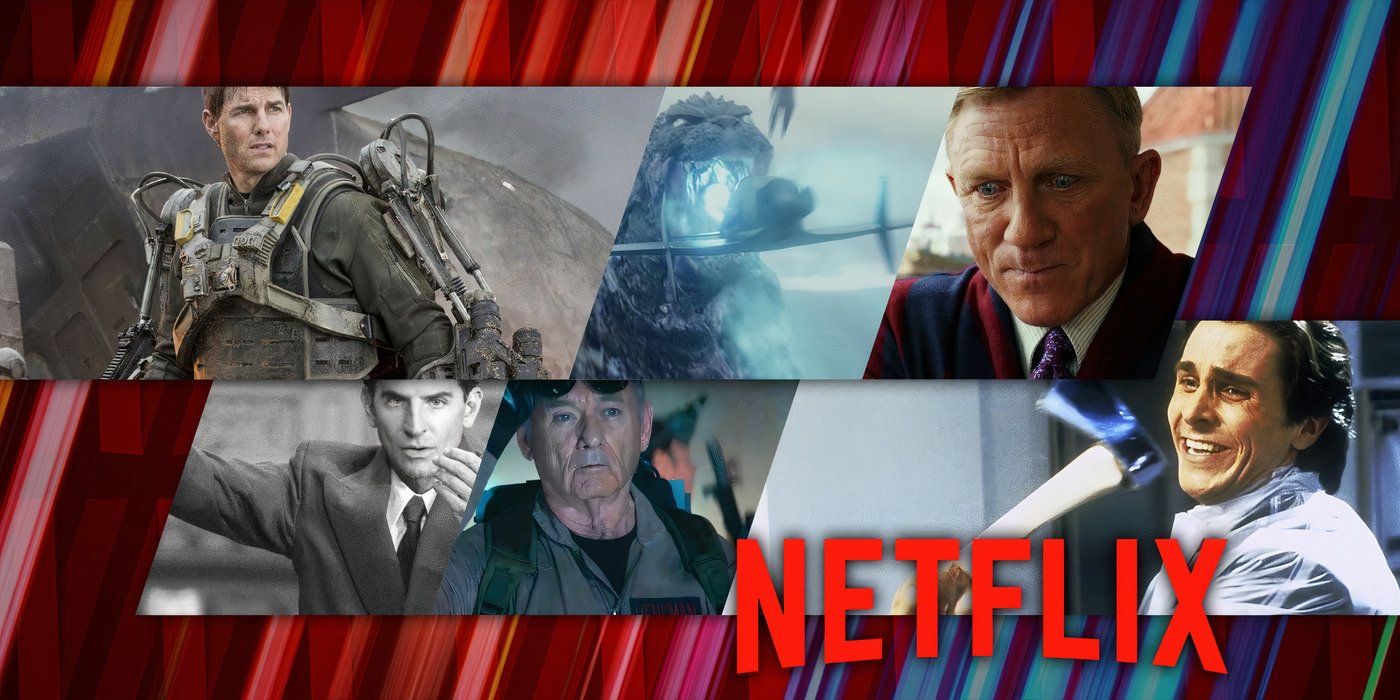 Eine Collage der sechs besten Filme auf Netflix im Oktober 2024 umfasst Edge of Tomorrow, Godzilla Minus One und American Psycho