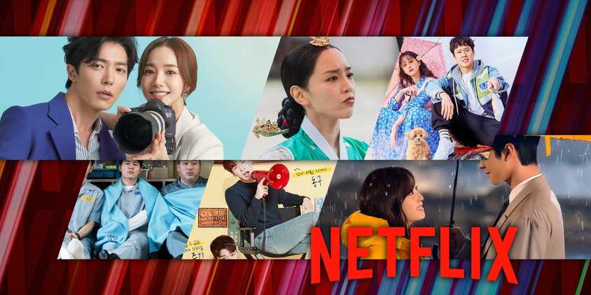 A series of images of characters from the K-dramas Her Private Life, Mr. Queen, Mad For Each Other, Prison Playbook, Welcome to Waikiki, and Business Proposal on Netflix