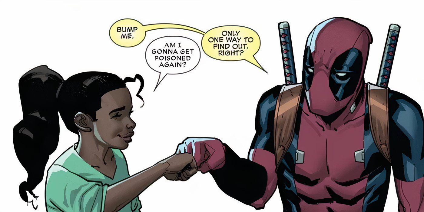 Deadpool e sua filha Ellie batendo os punhos.