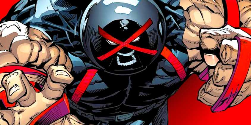 Comic book art: Juggernaut looks angry as he pushes toward the reader.