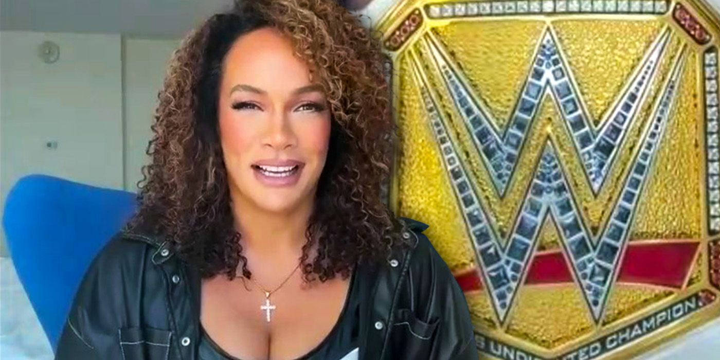 La estrella de la WWE Nia Jax habla junto a su cinturón del Campeonato de la WWE.