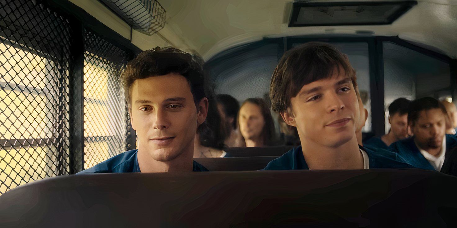 Nicholas Alexander Chavez as Lyle Menendez and Cooper Koch as Erik Menendez sitting on a prison bus in Monsters on Netflix (1)