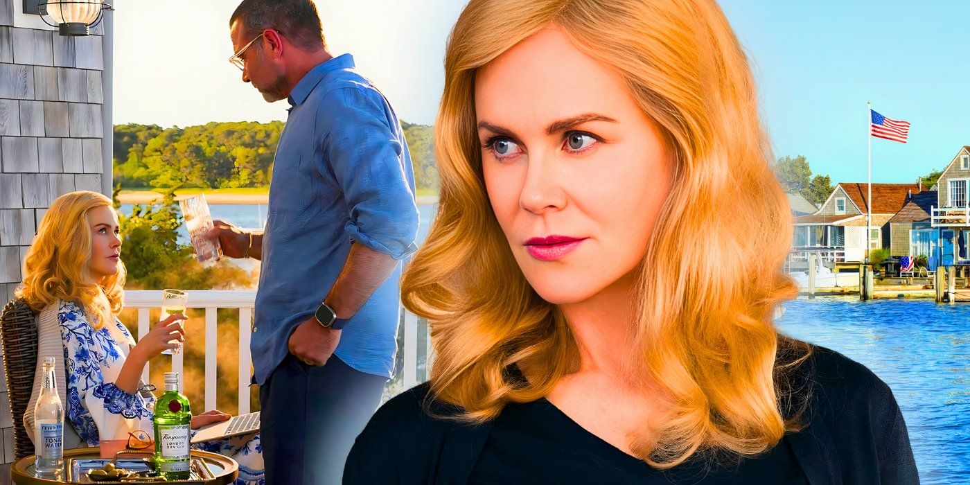 Nicole Kidman as Greer Winbury looking skeptical in The Perfect Couple with a scene behind her