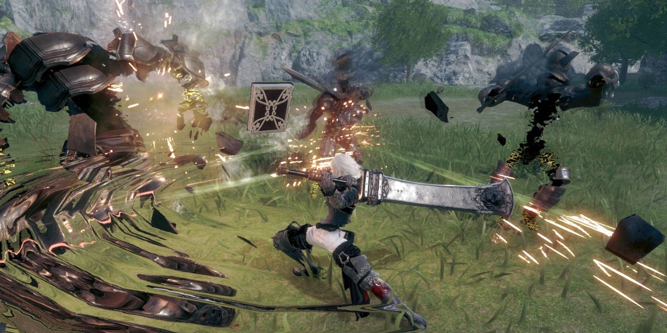 The protagonist in Nier Replicant swinging a great sword at enemies.