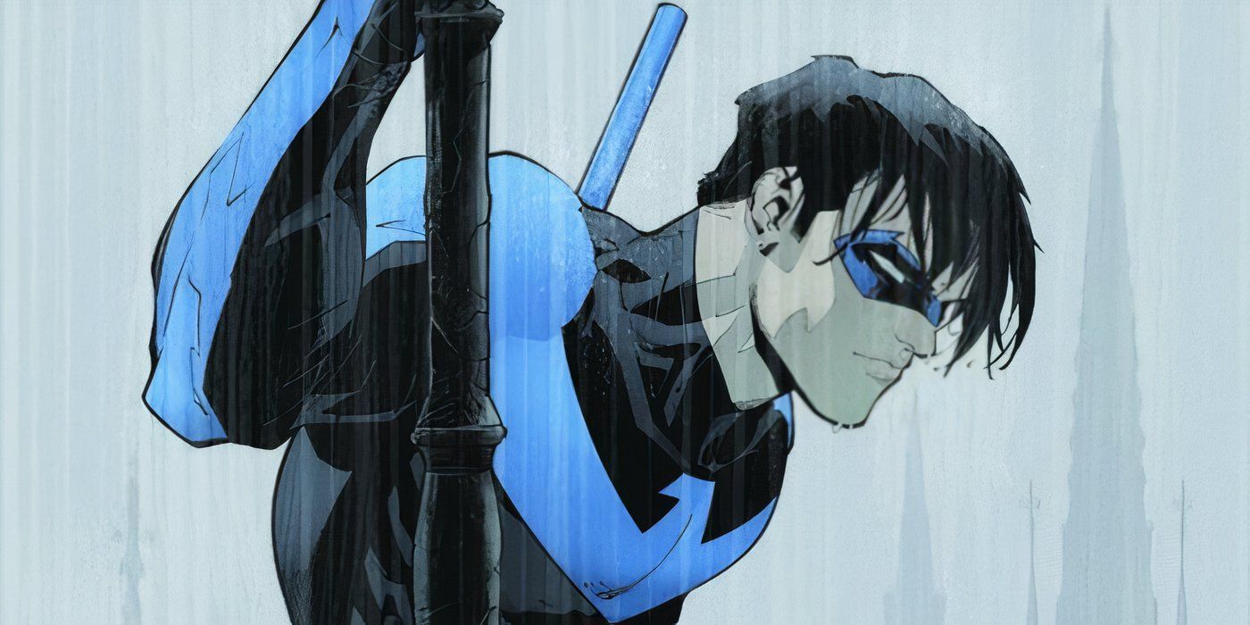 Comic book art: Nightwing holds onto a spire in the rain.