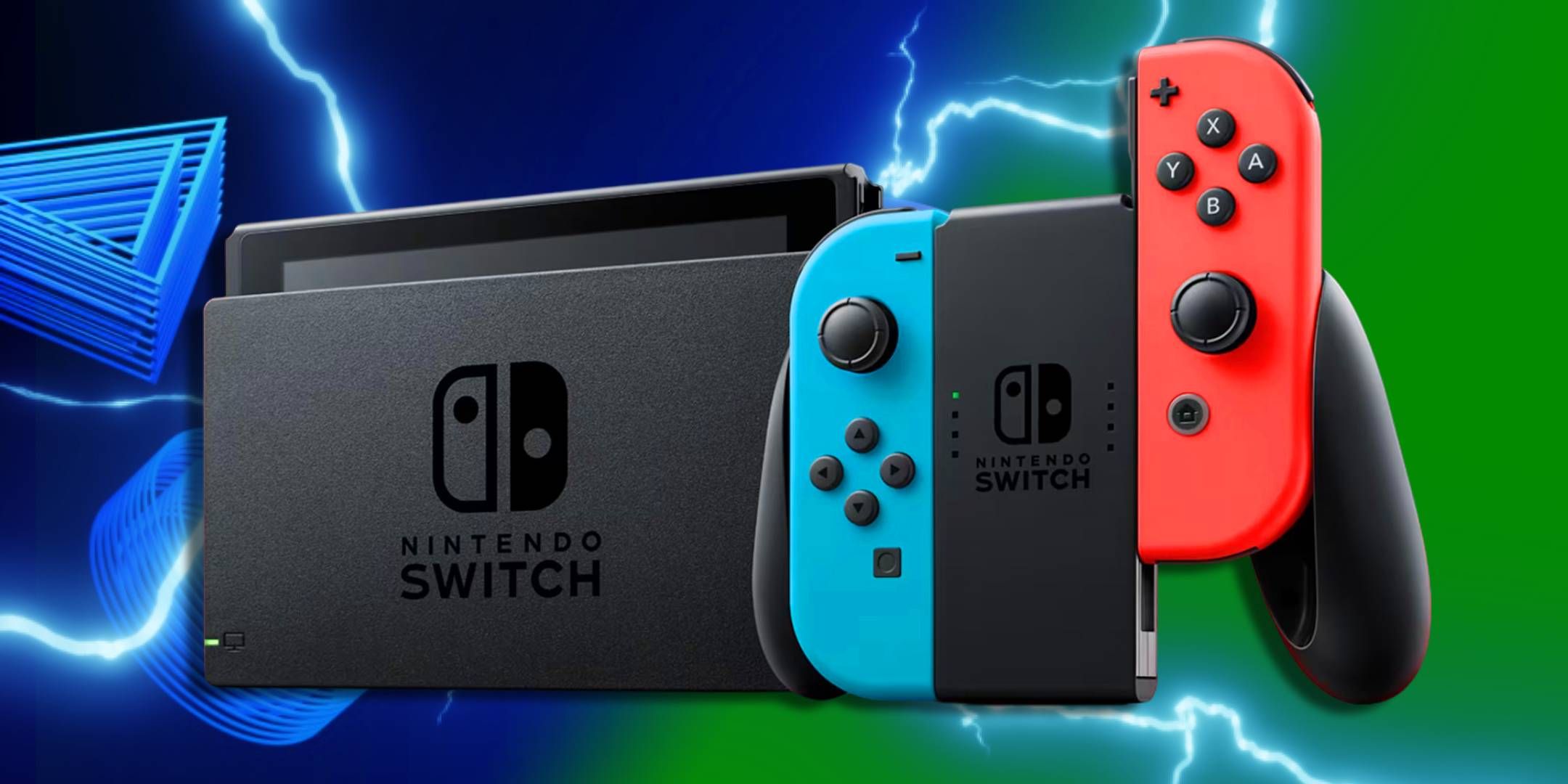 El Nintendo Switch encima de los logotipos de PlayStation y Xbox.