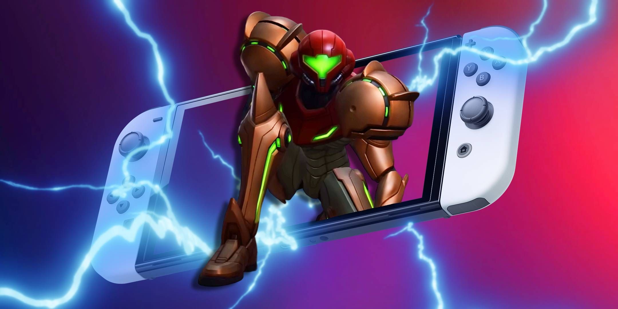 Samus de Metroid Prime 4 saliendo de una Nintendo Switch OLED.