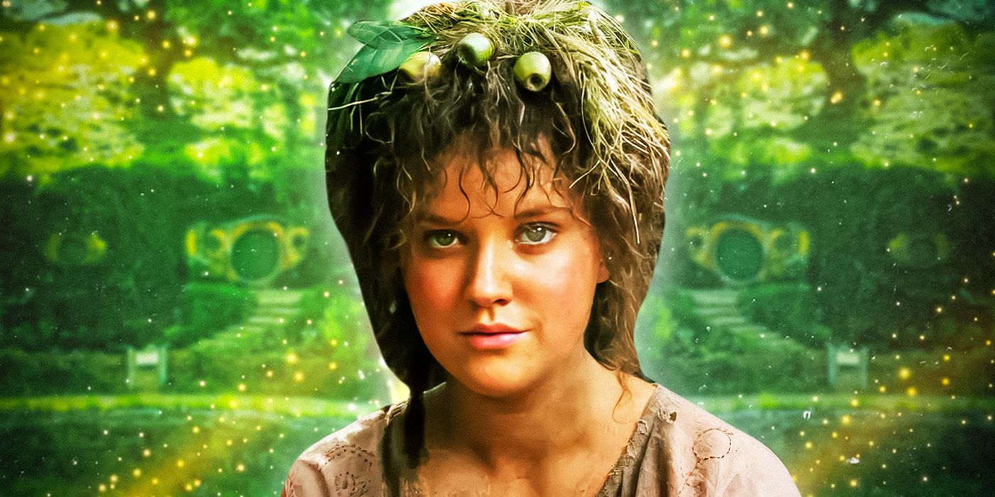 Markella Kavenagh as Nori Brandyfoot in The Rings of Power with the Shire in the background